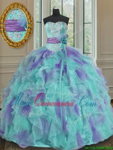 Sleeveless Floor Length Beading and Appliques and Ruffles and Sashes|ribbons and Hand Made Flower Lace Up Vestidos de Quinceanera with Multi-color