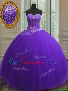 Sequins Purple Sleeveless Tulle Lace Up Vestidos de Quinceanera for Military Ball and Sweet 16 and Quinceanera