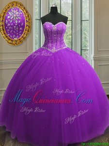 Purple Sweetheart Neckline Beading and Sequins Ball Gown Prom Dress Sleeveless Lace Up
