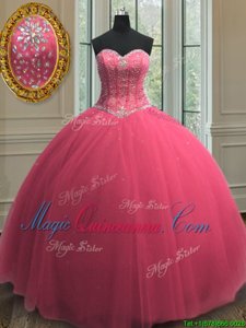 Hot Pink Ball Gowns Tulle Sweetheart Sleeveless Beading and Sequins Floor Length Lace Up 15th Birthday Dress