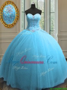 Tulle Sweetheart Sleeveless Lace Up Beading and Sequins 15 Quinceanera Dress in Baby Blue