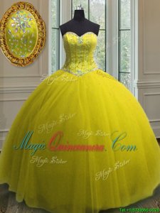 Amazing Yellow Lace Up Quinceanera Dresses Beading and Sequins Sleeveless Floor Length