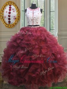Fantastic Scoop Clasp Handle Floor Length Red Quinceanera Gown Organza Sleeveless Appliques and Ruffles