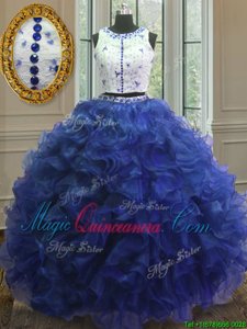 Scoop Floor Length Clasp Handle Sweet 16 Quinceanera Dress Royal Blue and In for Military Ball and Sweet 16 and Quinceanera with Appliques and Ruffles
