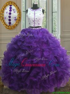 Fashionable Scoop Purple Ball Gowns Appliques 15th Birthday Dress Clasp Handle Organza Sleeveless Floor Length