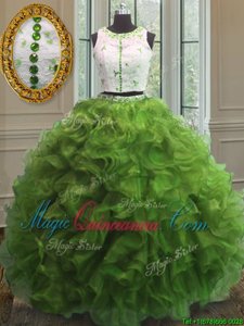Clasp Handle Scoop Sleeveless 15th Birthday Dress Floor Length Appliques and Ruffles Green Organza