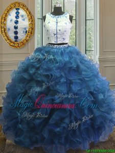 Sophisticated Scoop Clasp Handle Blue Sleeveless Beading and Lace and Ruffles Floor Length 15th Birthday Dress