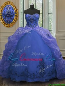 Organza Sweetheart Sleeveless Court Train Lace Up Beading and Appliques and Pick Ups Sweet 16 Dress in Blue