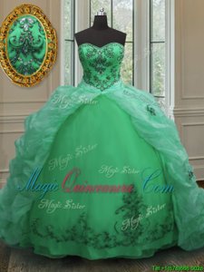 Best Selling Sleeveless With Train Beading and Appliques and Pick Ups Lace Up 15th Birthday Dress with Green Court Train