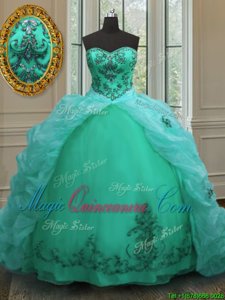 Pick Ups Court Train Ball Gowns Sweet 16 Dress Turquoise Sweetheart Organza Sleeveless With Train Lace Up