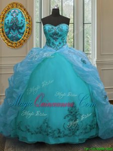 Dynamic With Train Aqua Blue Vestidos de Quinceanera Organza Court Train Sleeveless Beading and Appliques and Pick Ups