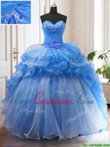 Organza Sweetheart Sleeveless Sweep Train Lace Up Beading and Ruffled Layers Quinceanera Gown in Blue