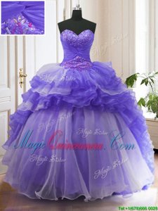 Low Price Ruffled Sweetheart Sleeveless Sweep Train Lace Up Quinceanera Dress Purple Organza