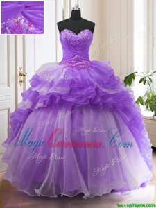 Customized Sleeveless With Train Beading and Ruffled Layers Lace Up 15 Quinceanera Dress with Lavender Sweep Train