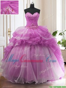 Fashion Organza Sleeveless With Train Sweet 16 Dress Sweep Train and Beading and Ruffled Layers