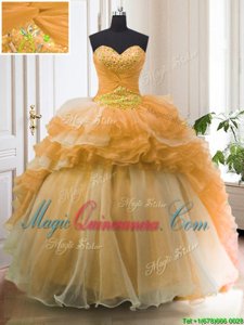 Attractive Organza Sleeveless With Train Sweet 16 Quinceanera Dress Sweep Train and Beading and Ruffled Layers