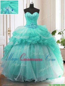 Sexy Turquoise Ball Gowns Sweetheart Sleeveless Organza With Train Sweep Train Lace Up Beading and Ruffles Quinceanera Dresses