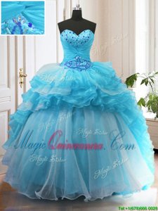 Luxury Sweetheart Sleeveless Organza 15 Quinceanera Dress Beading and Ruffled Layers Sweep Train Lace Up
