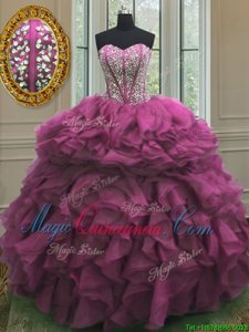 Designer Fuchsia Ball Gowns Organza Sweetheart Sleeveless Beading and Ruffles Floor Length Lace Up Quinceanera Dress