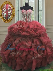 Pink Organza Lace Up Vestidos de Quinceanera Sleeveless Floor Length Beading and Ruffles