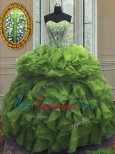 Popular Floor Length Green Quince Ball Gowns Organza Sleeveless Beading and Ruffles