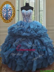 Organza Sweetheart Sleeveless Lace Up Beading and Ruffles Sweet 16 Dresses in Teal