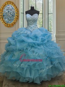 Latest Floor Length Baby Blue Quince Ball Gowns Organza Sleeveless Beading and Ruffles and Pick Ups