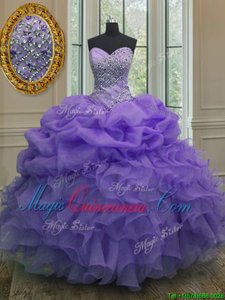 Lavender Organza Lace Up Sweetheart Sleeveless Floor Length Quince Ball Gowns Beading and Ruffles and Pick Ups