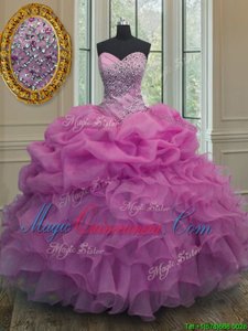 Lilac Ball Gowns Beading and Ruffles and Pick Ups Sweet 16 Dress Lace Up Organza Sleeveless Floor Length