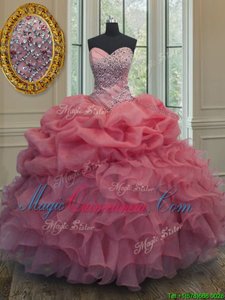 Pick Ups Pink Sleeveless Organza Lace Up Ball Gown Prom Dress for Military Ball and Sweet 16 and Quinceanera