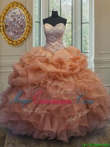 Orange Organza Lace Up Sweetheart Sleeveless Floor Length Quince Ball Gowns Beading and Ruffles and Pick Ups