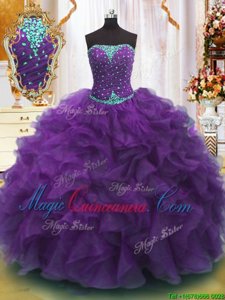 Purple Ball Gowns Organza Strapless Sleeveless Beading and Ruffles Floor Length Lace Up Quinceanera Dresses