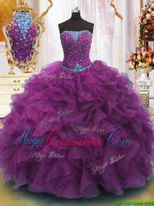 Strapless Sleeveless Organza 15th Birthday Dress Beading and Ruffles Lace Up