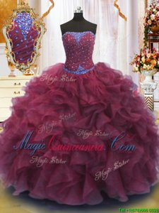 Floor Length Ball Gowns Sleeveless Burgundy Sweet 16 Quinceanera Dress Lace Up