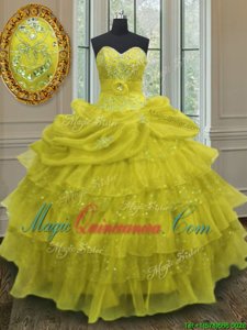 Yellow Sleeveless Floor Length Beading and Ruffled Layers and Pick Ups Lace Up Vestidos de Quinceanera