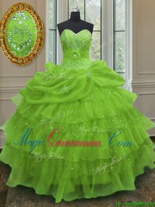 Yellow Green Ball Gowns Sweetheart Sleeveless Organza Floor Length Lace Up Beading and Ruffled Layers and Pick Ups Quince Ball Gowns