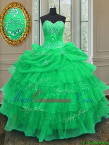 Amazing Halter Top Beading and Ruffled Layers and Pick Ups Sweet 16 Quinceanera Dress Green Lace Up Sleeveless Floor Length
