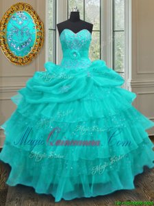 Discount Aqua Blue Sleeveless Beading and Ruffled Layers and Pick Ups Floor Length Sweet 16 Quinceanera Dress