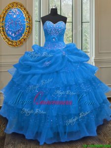 Charming Floor Length Blue Sweet 16 Dress Organza Sleeveless Beading and Ruffled Layers and Pick Ups