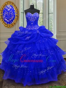 Sleeveless Floor Length Beading and Ruffled Layers and Pick Ups Lace Up 15th Birthday Dress with Royal Blue