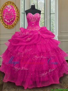 Glittering Fuchsia Organza and Sequined Lace Up Sweet 16 Dresses Sleeveless Floor Length Beading and Ruffled Layers and Sequins and Pick Ups