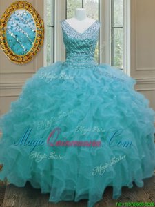 Sleeveless Zipper Floor Length Beading and Ruffles Quinceanera Dress