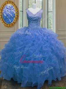 Low Price Floor Length Blue Sweet 16 Dress V-neck Sleeveless Zipper