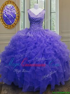 Purple Ball Gowns V-neck Sleeveless Organza Floor Length Zipper Beading and Ruffles Quince Ball Gowns