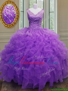 Purple Zipper V-neck Beading and Ruffles Quince Ball Gowns Organza Sleeveless