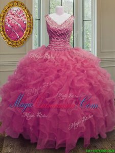 Floor Length Hot Pink Sweet 16 Dresses Organza Sleeveless Beading and Ruffles