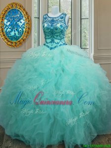 Popular Scoop Turquoise Ball Gowns Beading and Ruffles Sweet 16 Dress Lace Up Tulle Sleeveless Floor Length