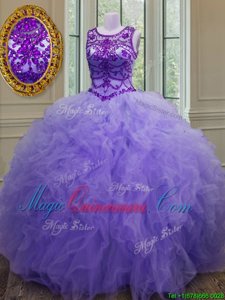 Customized Bateau Sleeveless Lace Up Sweet 16 Quinceanera Dress Lavender Tulle