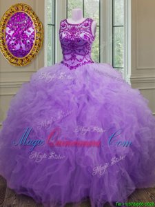 Amazing Lavender Scoop Lace Up Beading and Ruffles 15th Birthday Dress Sleeveless