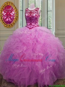 Flirting Scoop Lilac Sleeveless Floor Length Beading and Ruffles Lace Up Sweet 16 Quinceanera Dress